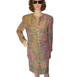 Vintage Rickie Freeman Multicolor Silk Blend Rainbow Skirt Suit Set Women Size 8